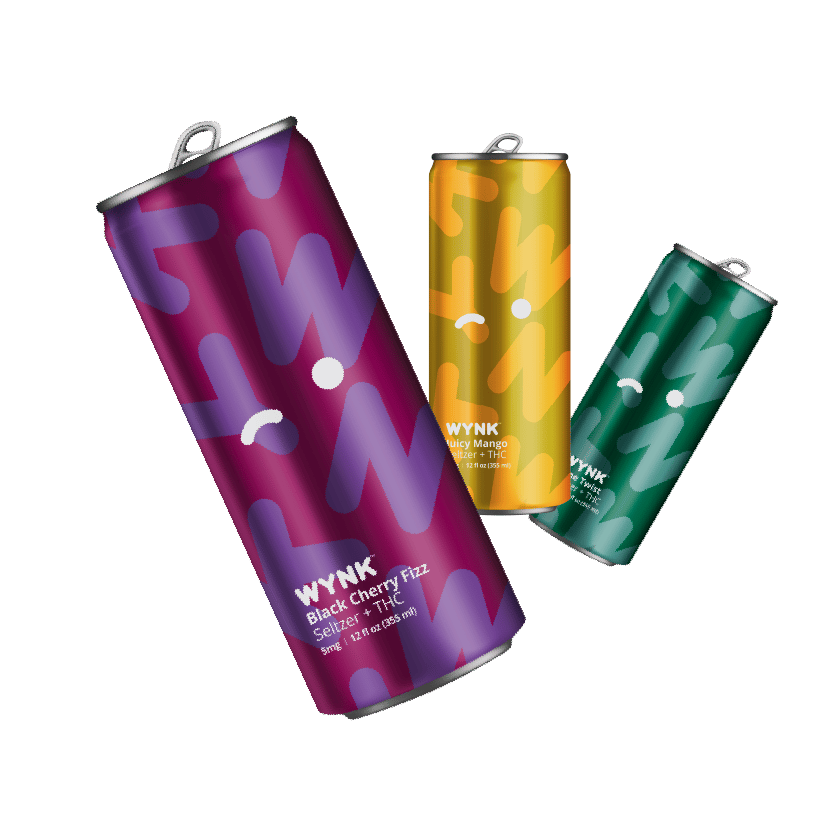 Assortment of WYNK THC Seltzer cans in Black Cherry Fizz and Juicy Mango flavors, a microdose thc drink option for those looking to buy thc seltzer online. These cannabis drinks serve as a healthy alcohol alternative and a refreshing non-alcohol drink choice.