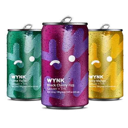 Condensation-covered WYNK THC seltzer cans in Lime Twist, Black Cherry Fizz, and Juicy Mango flavors, representing a refreshing selection of low dose THC and CBD beverages for those seeking non-alcoholic options.