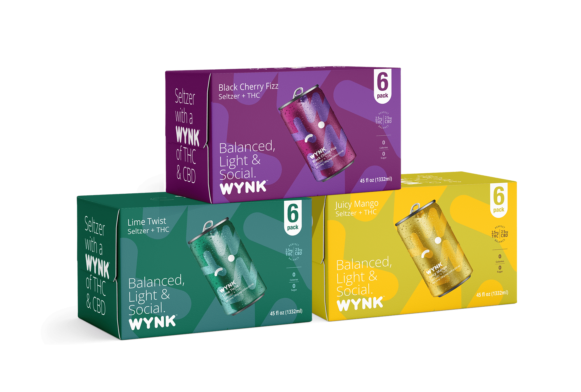 Assorted WYNK THC Seltzer packs featuring Lime Twist, Black Cherry Fizz, and Juicy Mango flavors, a microdose thc and cannabidiol drink option for a healthy alcohol alternative to relax.