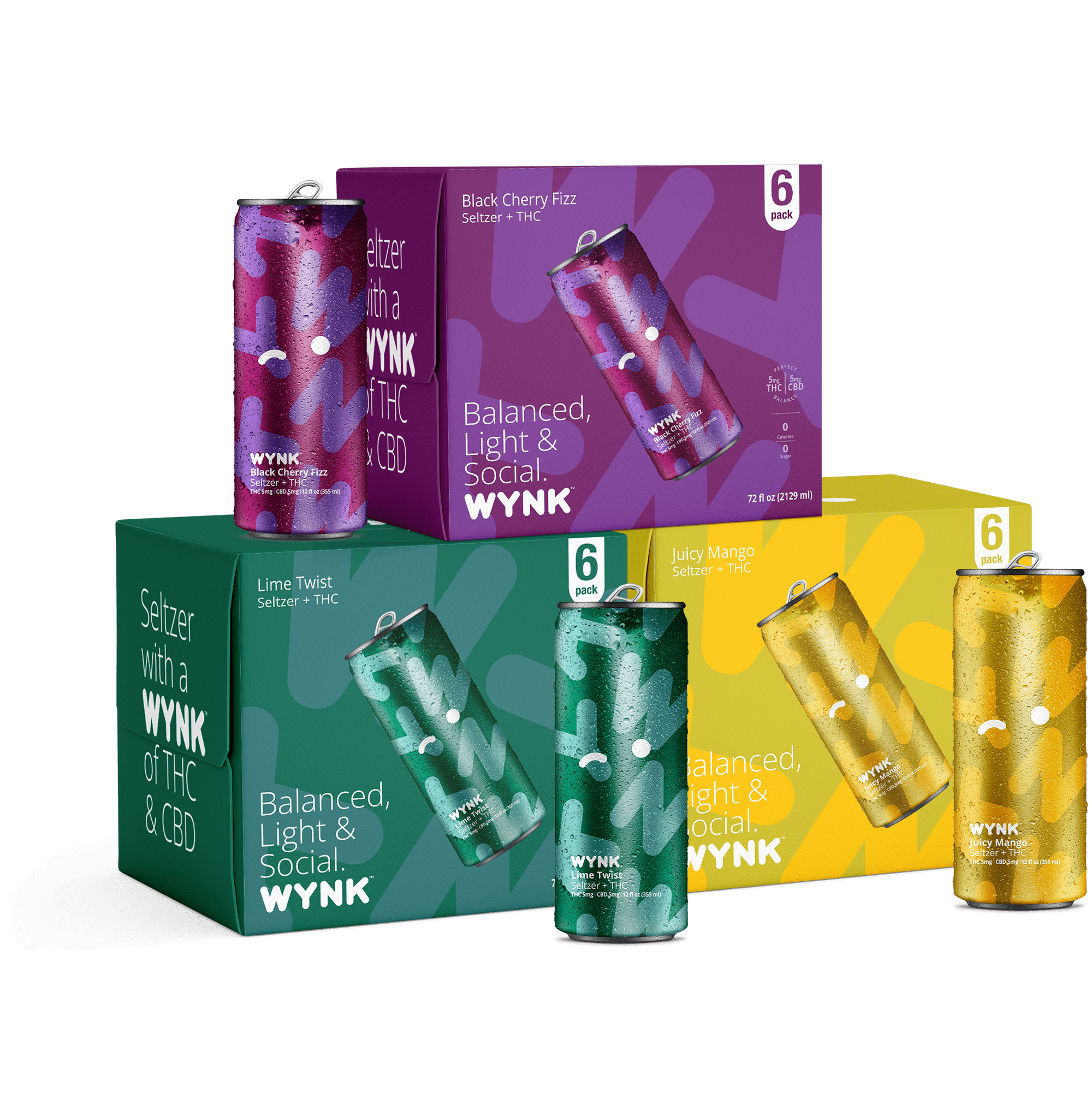thc beverages online Three six-pack boxes of WYNK THC Drinks, each presenting a different flavor – Black Cherry Fizz, Lime Twist, and Juicy Mango, with the cans displayed in front. Promoted as the best alcohol alternative, these beverages offer a low dose THC and CBD option for a balanced, light, and social experience.