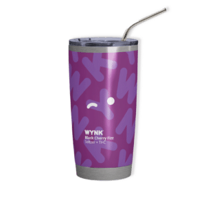 WYNK Black Cherry Fizz THC Seltzer in a stainless steel tumbler with a metal straw, a perfect non-alcohol drink to buy online for those seeking a microdose drink experience. The tumbler's purple hue with abstract white design offers a modern take on cannabis drinks.